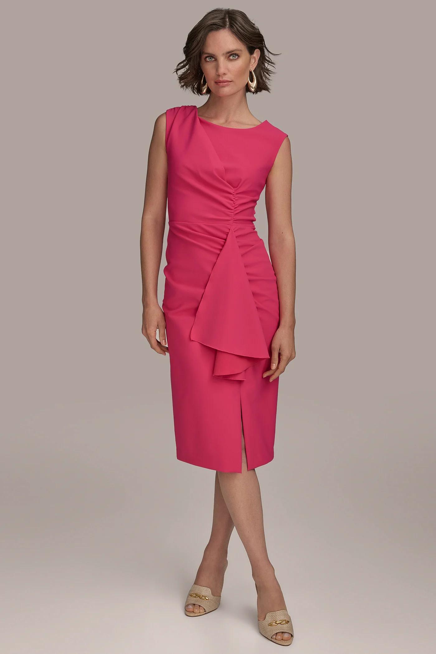 SLEEVELESS CREW-NECK RUFFLE SHEATH DRESS