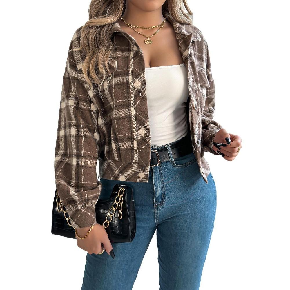 Women's Plaid Jackets Long Sleeve Collared Button Down Casual Work Cropped Blazer Coat
