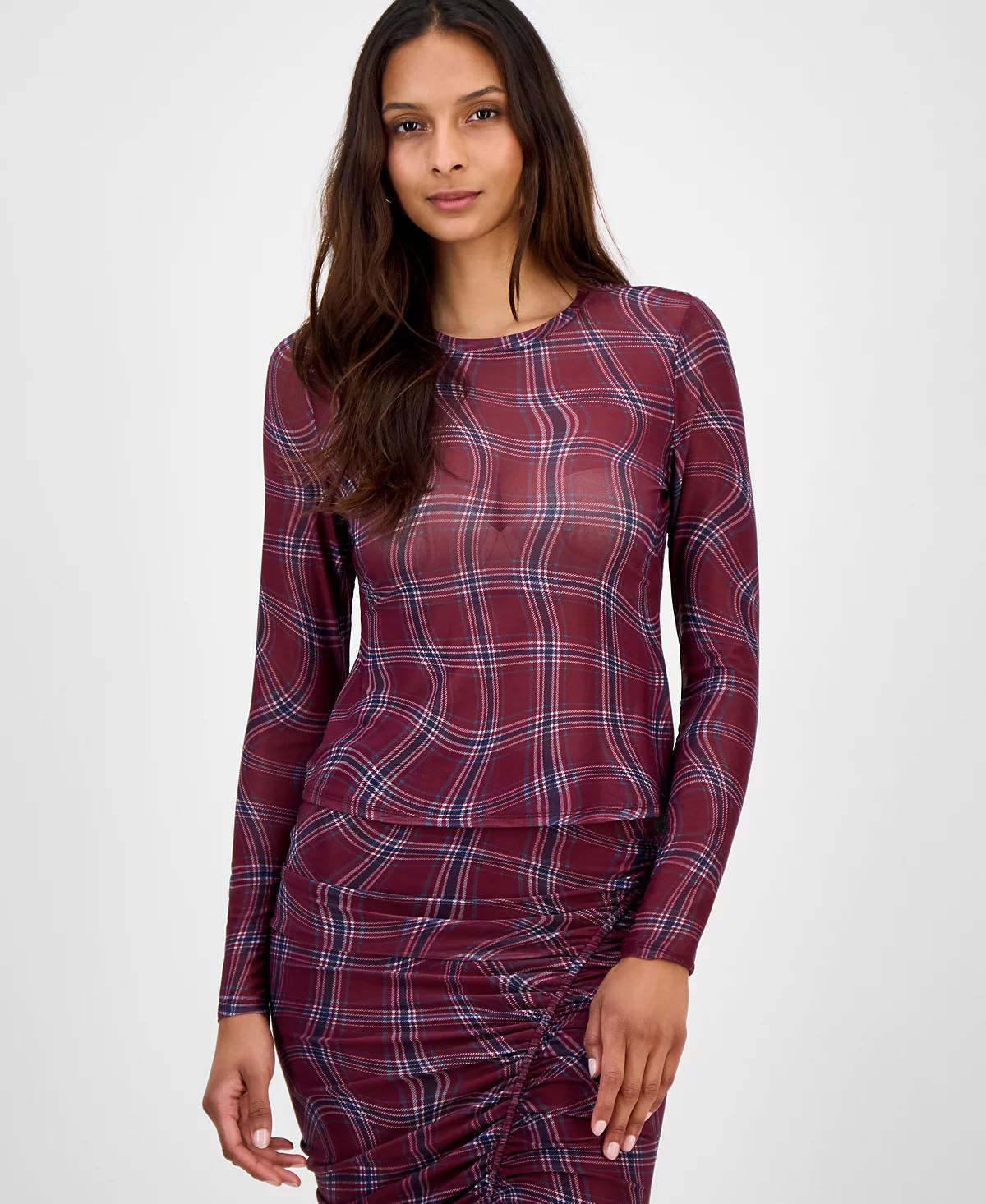 Women's Plaid Mesh Long-Sleeve Top, Macy's Exclusive