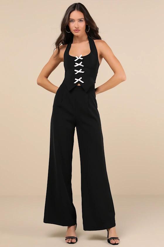 Trendy Perspective Black Bow Cutout Halter Jumpsuit