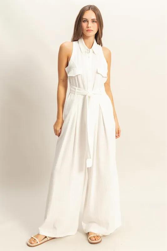 HYFVE Sleeveless Tie Waist Wide Leg Jumpsuit - White / L