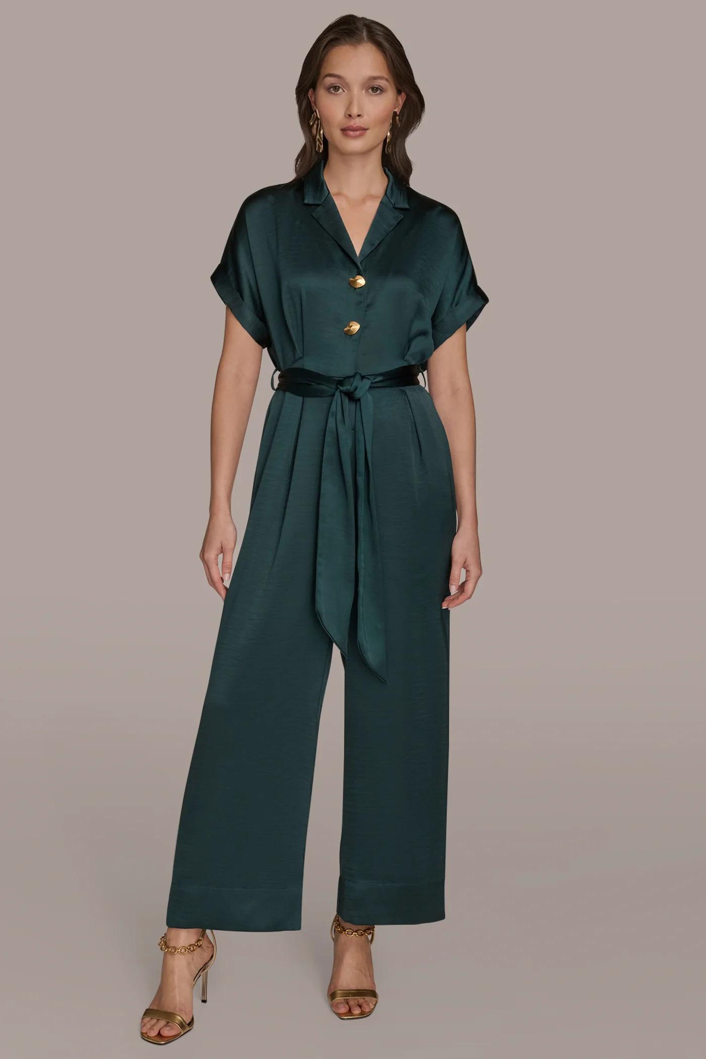 SATIN SHORT SLEEVE TIE-FRONT JUMPSUIT