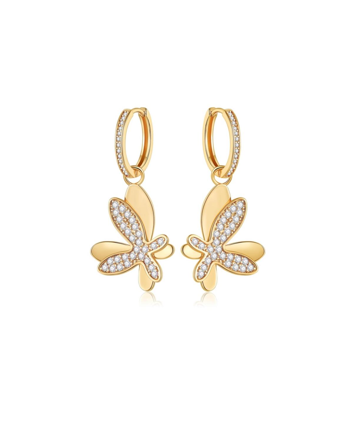 Pave Butterfly Dangle Drop Hoop Earrings - Gold