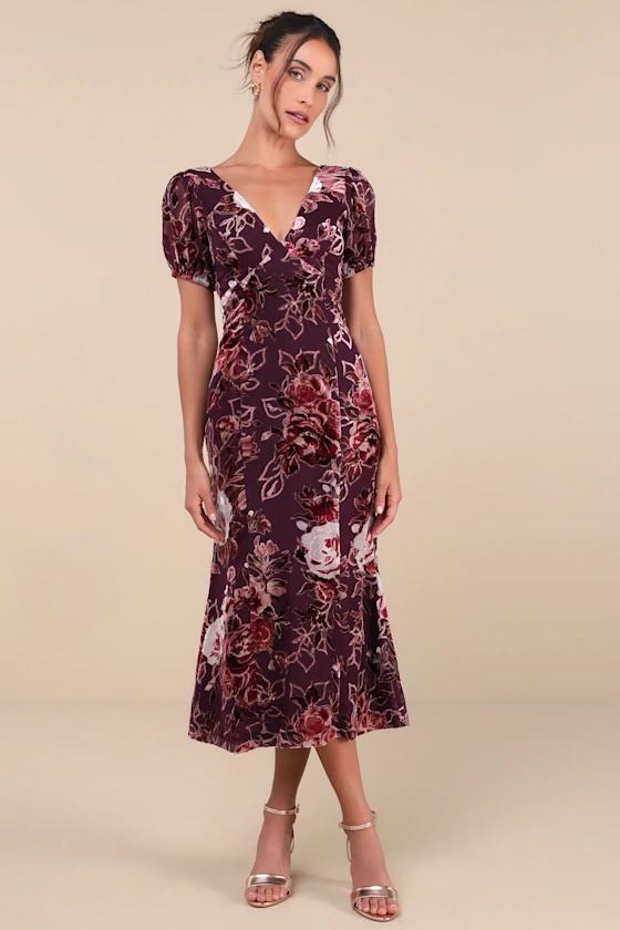 Loving Approach Purple Velvet Burnout Puff Sleeve Midi Dress
