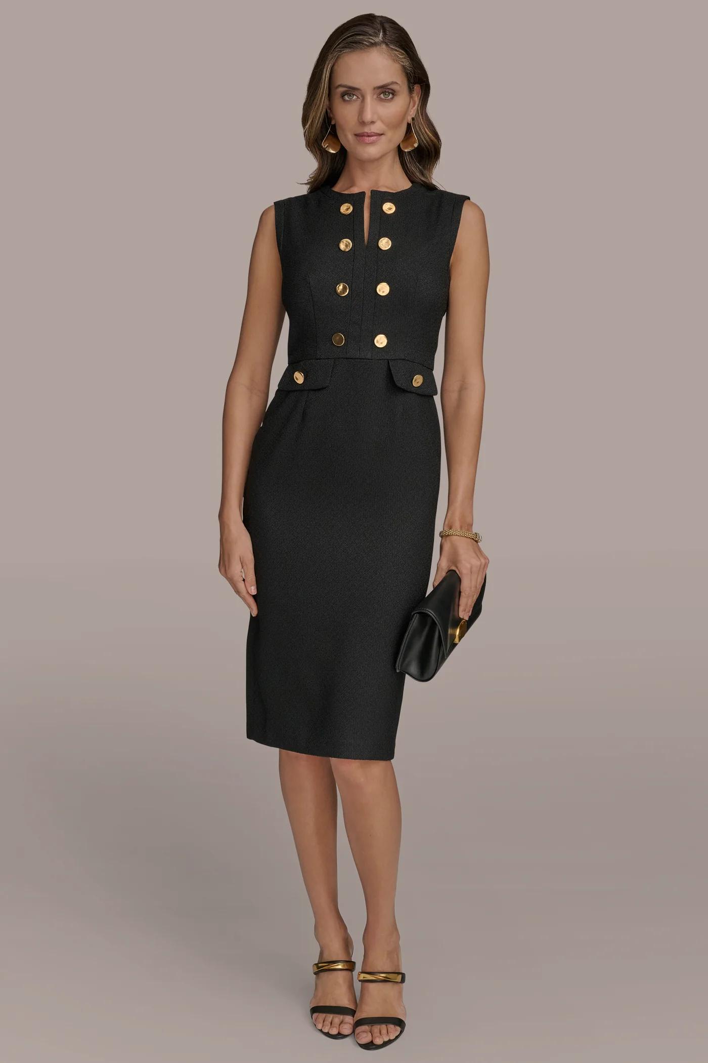 SLEEVELESS TWEED MIDI SHEATH DRESS