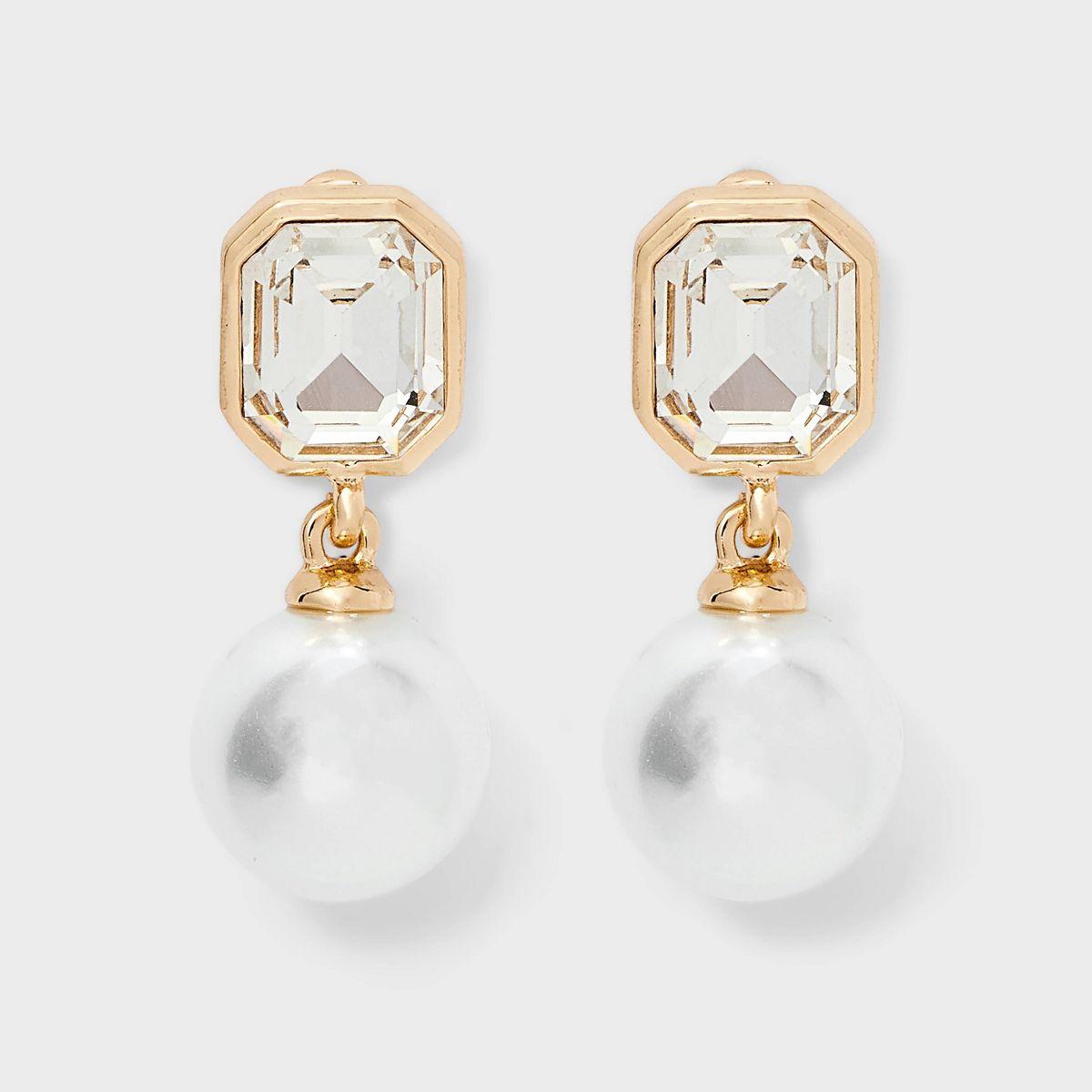 Classic Pearl Drop Earrings with Stone Post - A New Day™ Gold